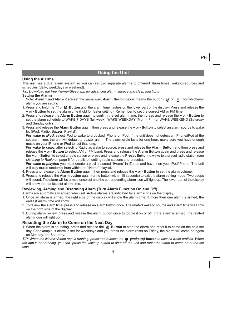 Using the unit | iHome IA90 User Manual | Page 6 / 13