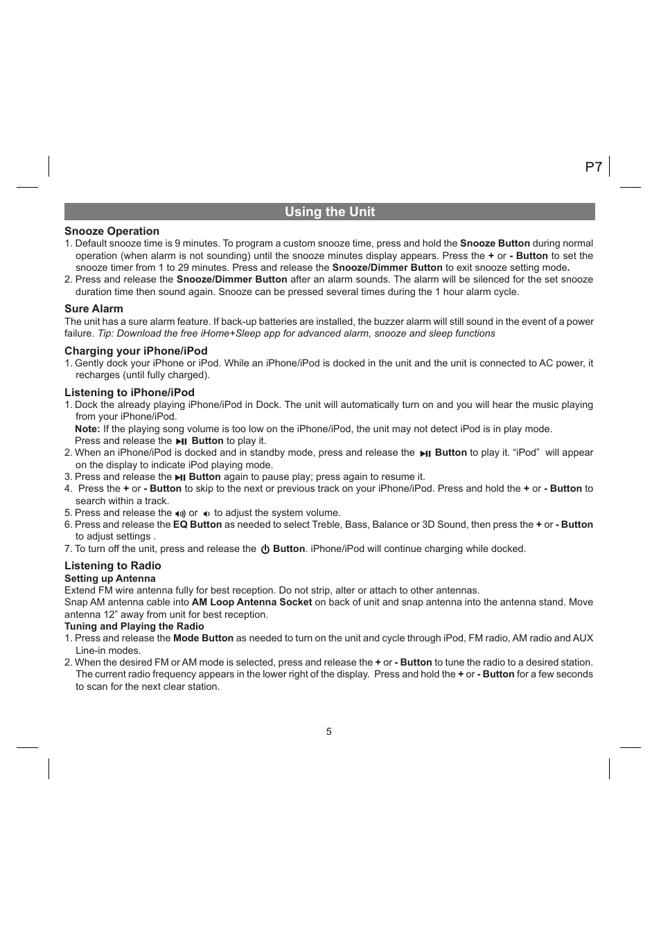 Using the unit | iHome IA90 User Manual | Page 7 / 13