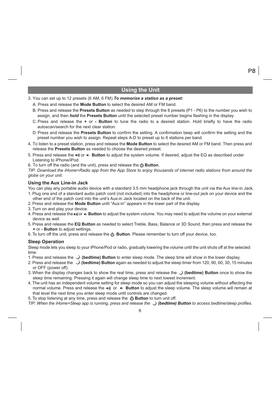 Using the unit | iHome IA90 User Manual | Page 8 / 13