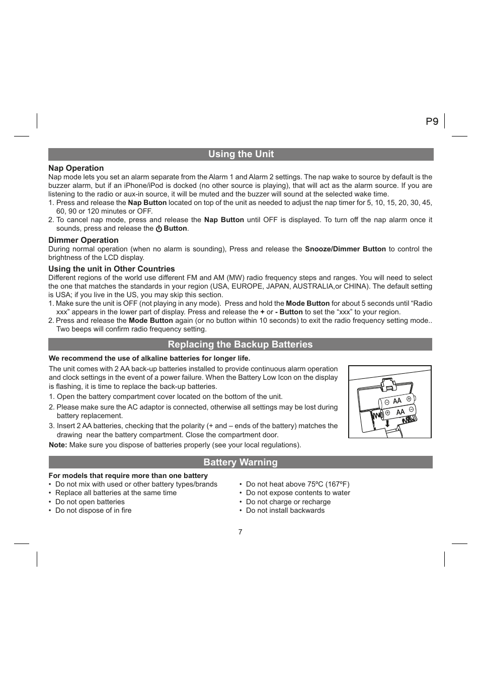 Using the unit, Replacing the backup batteries battery warning | iHome IA90 User Manual | Page 9 / 13
