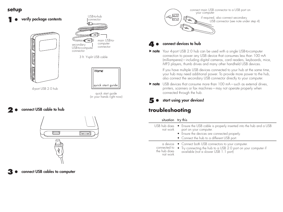 Setup, Troubleshooting | iHome IH-U501FW User Manual | Page 2 / 2