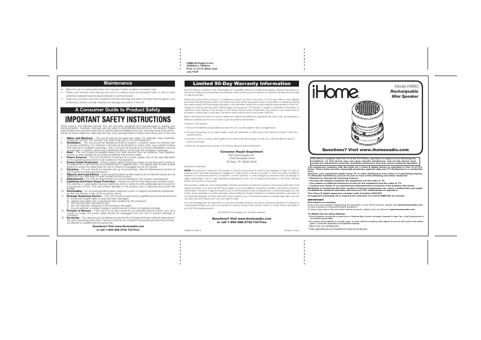 Limited 90-day warranty information, A consumer guide to product safety, Maintenance | iHome IHM60 User Manual | Page 4 / 4