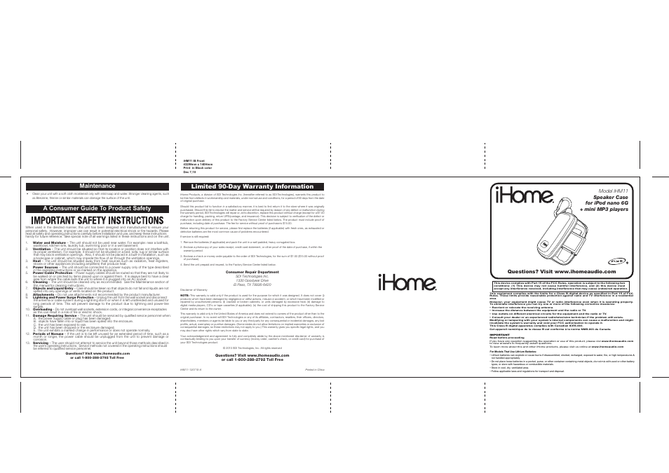 Limited 90-day warranty information, A consumer guide to product safety, Maintenance | iHome IHM11 User Manual | Page 4 / 4