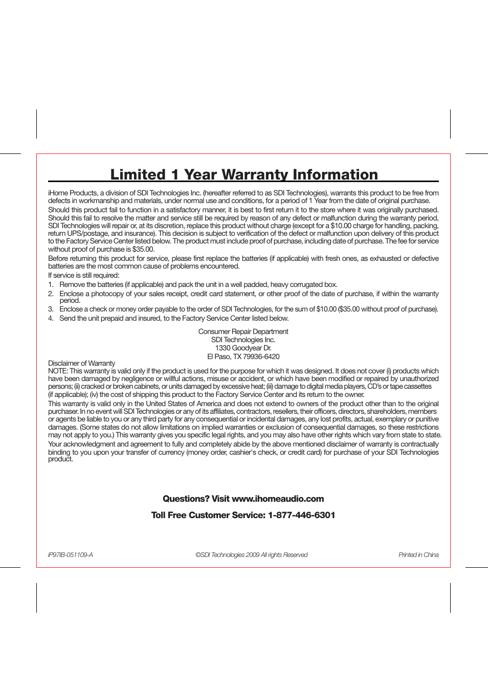 Limited 1 year warranty information | iHome IP97 User Manual | Page 13 / 13