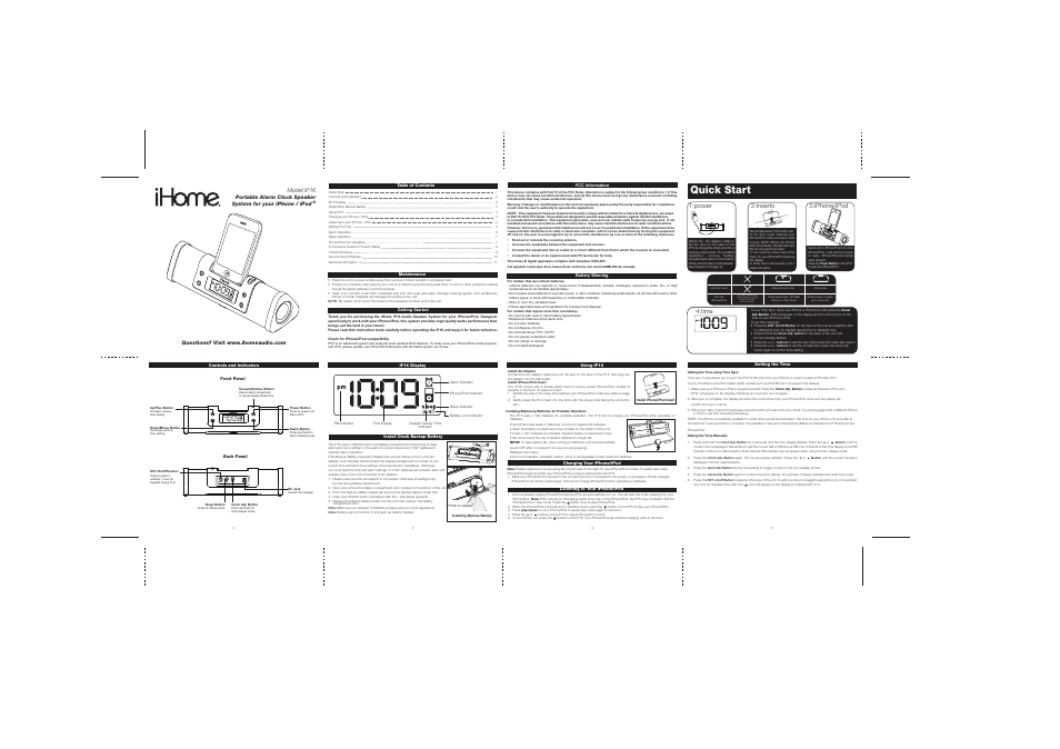 Resetreset testtest, Quick start, Iphone/ipod 1:power | Inserts 4:time | iHome IP16 User Manual | Page 3 / 8