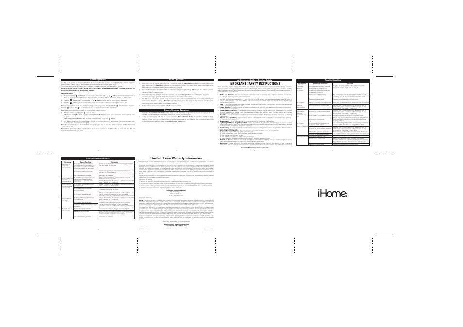 Limited 1 year warranty information | iHome IP16 User Manual | Page 8 / 8