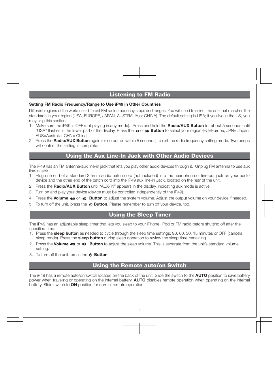 Using the remote auto/on switch, Using the sleep timer, Listening to fm radio | iHome IP49 User Manual | Page 10 / 12