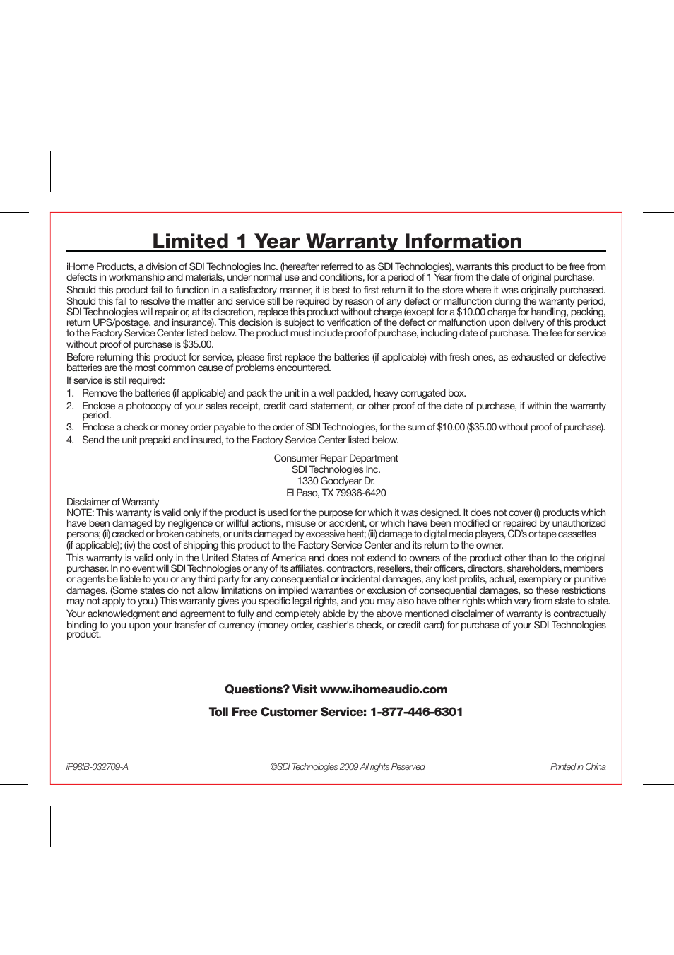 Limited 1 year warranty information | iHome IP98 User Manual | Page 13 / 13