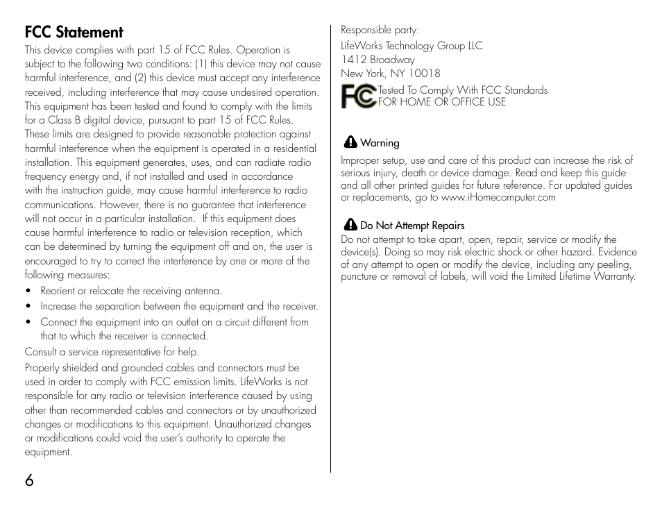 6fcc statement | iHome IH-U581FW User Manual | Page 6 / 8