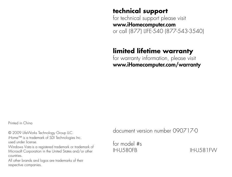 Technical support, Limited lifetime warranty | iHome IH-U581FW User Manual | Page 8 / 8
