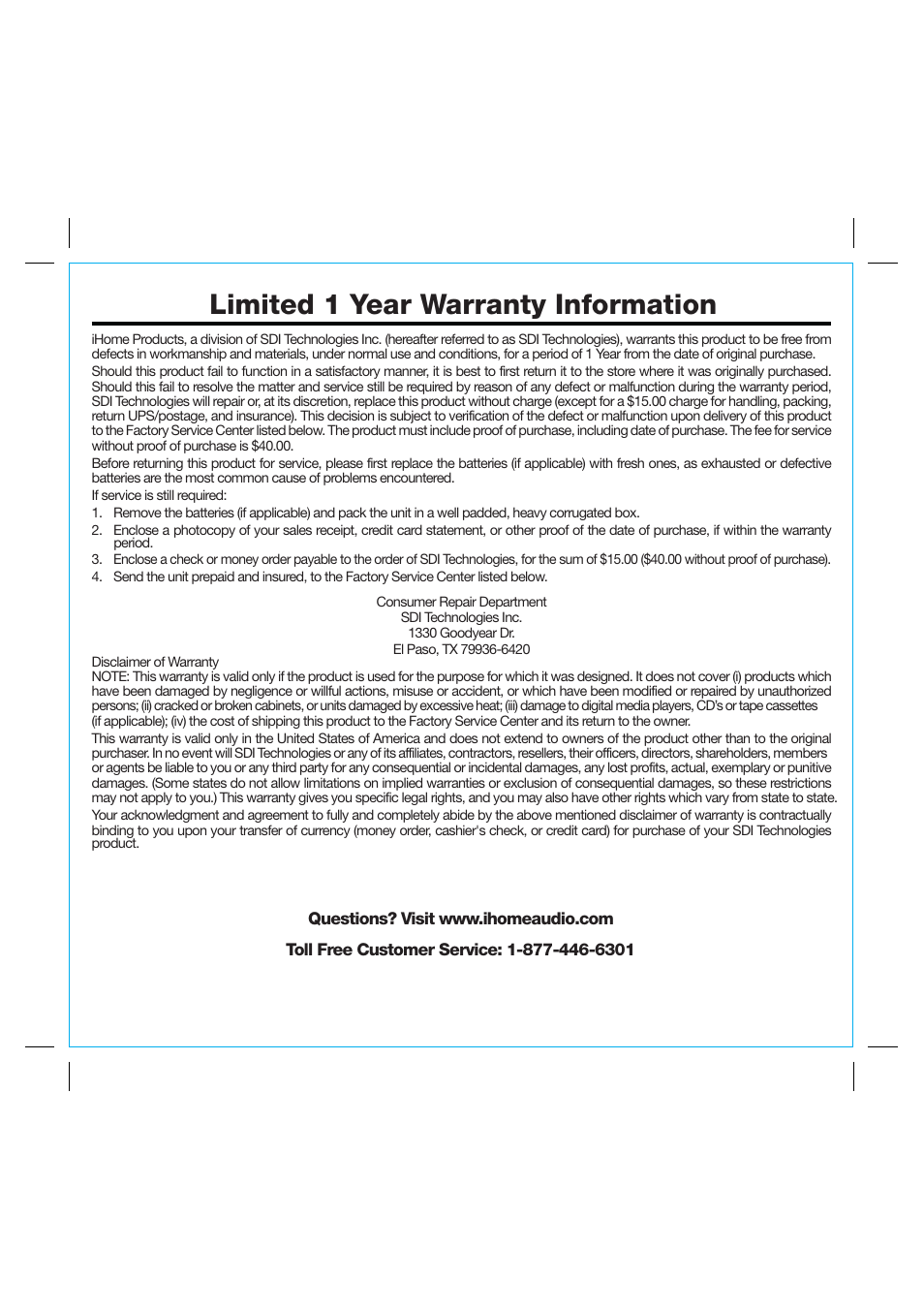 Limited 1 year warranty information | iHome IP87 User Manual | Page 13 / 13