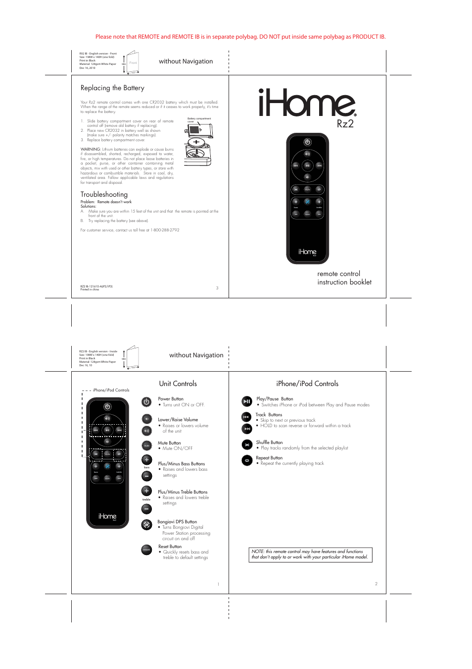 Rz2 ib 2011_2, Remote control instruction booklet, Replacing the battery | Troubleshooting, Unit controls, Iphone/ipod controls, Without navigation | iHome RZ2 User Manual | Page 2 / 2