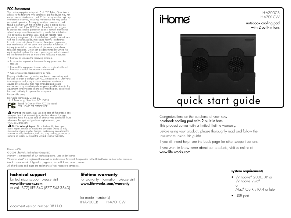 iHome IH-A701CW User Manual | 2 pages