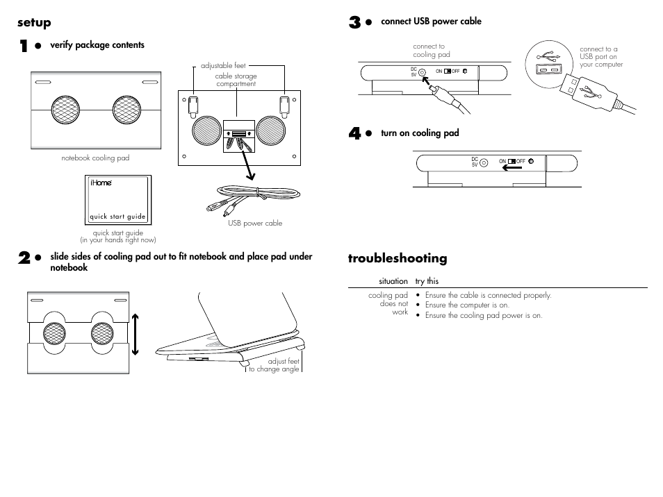Setup, Troubleshooting | iHome IH-A701CW User Manual | Page 2 / 2