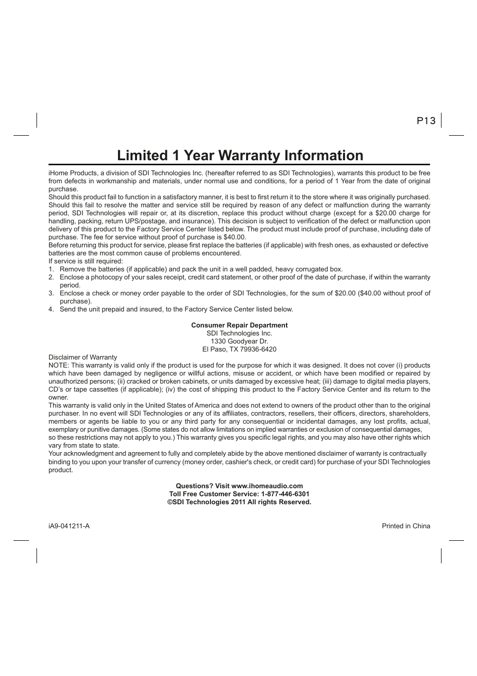 Limited 1 year warranty information | iHome IA9 User Manual | Page 13 / 13