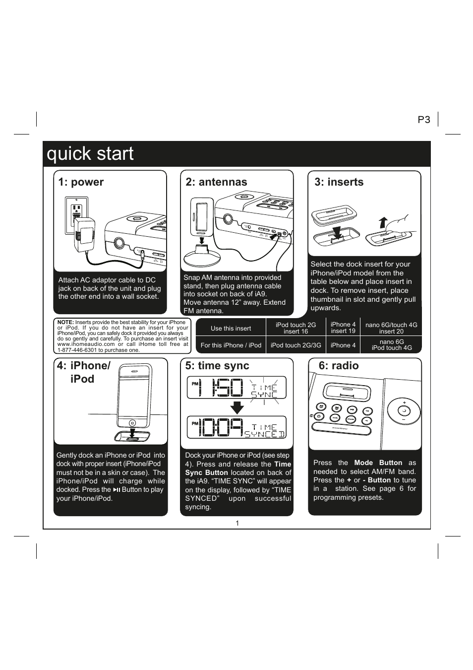 Quick start, Time sync 4: iphone/ ipod, Antennas 1: power | Inserts 6: radio | iHome IA9 User Manual | Page 3 / 13