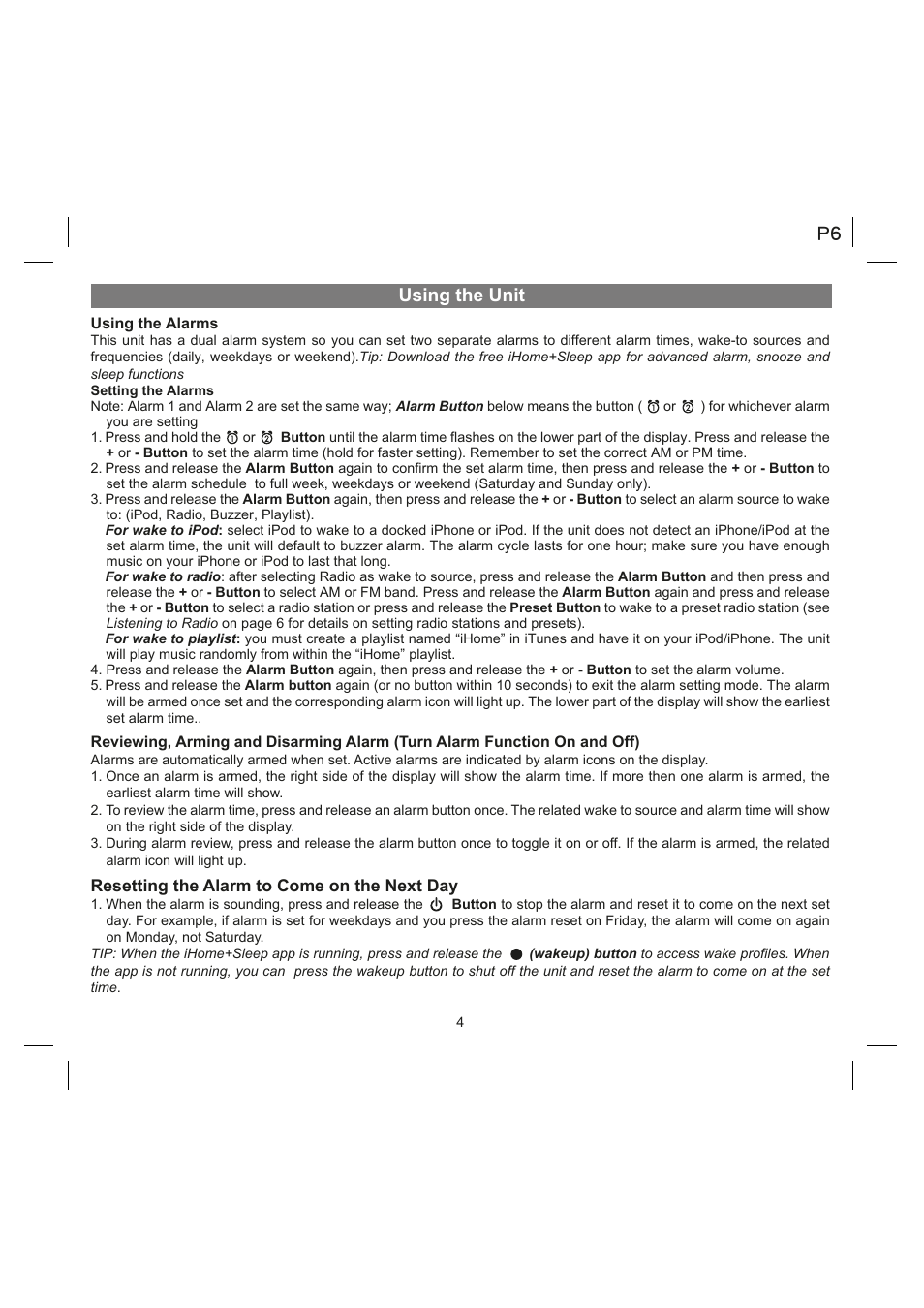 Using the unit | iHome IA9 User Manual | Page 6 / 13