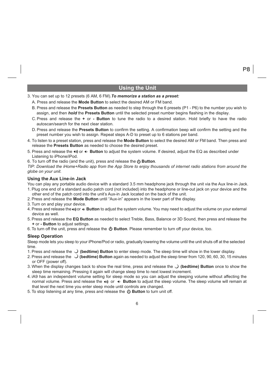 Using the unit | iHome IA9 User Manual | Page 8 / 13