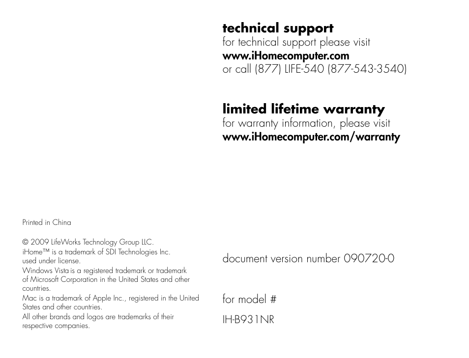 Technical support, Limited lifetime warranty | iHome IH-B931NR User Manual | Page 12 / 12