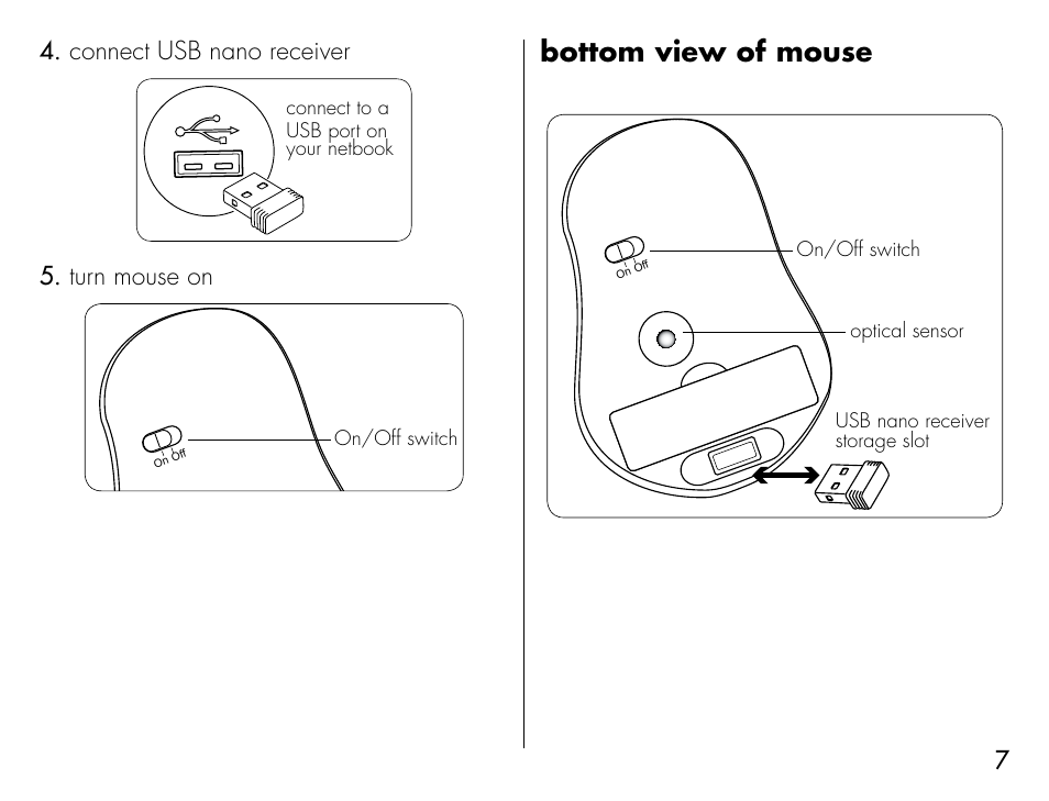 Bottom view of mouse, 7connect usb nano receiver 4, Turn mouse on 5 | iHome IH-B931NR User Manual | Page 7 / 12