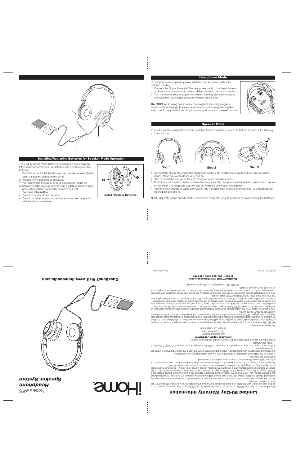 Headphone speaker system, Limited 90-day warranty information, Model ihmp5 | iHome iHMP5 User Manual | Page 3 / 4
