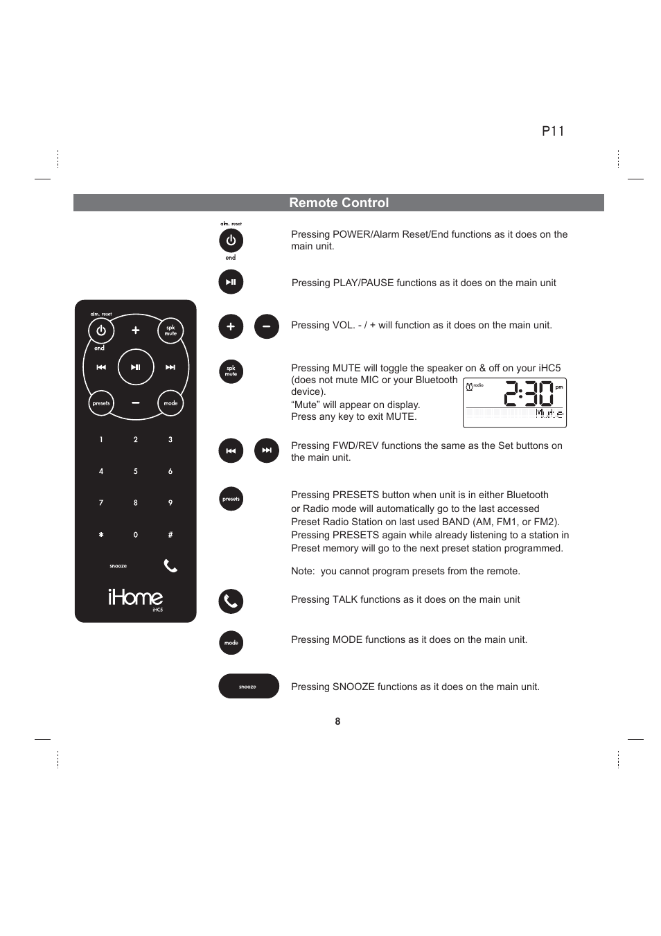 Remote control p11 | iHome iHC5 User Manual | Page 11 / 17