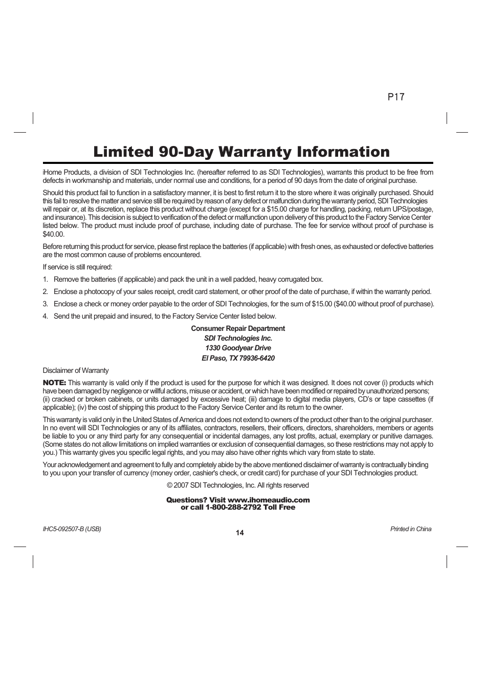 Limited 90-day warranty information | iHome iHC5 User Manual | Page 17 / 17