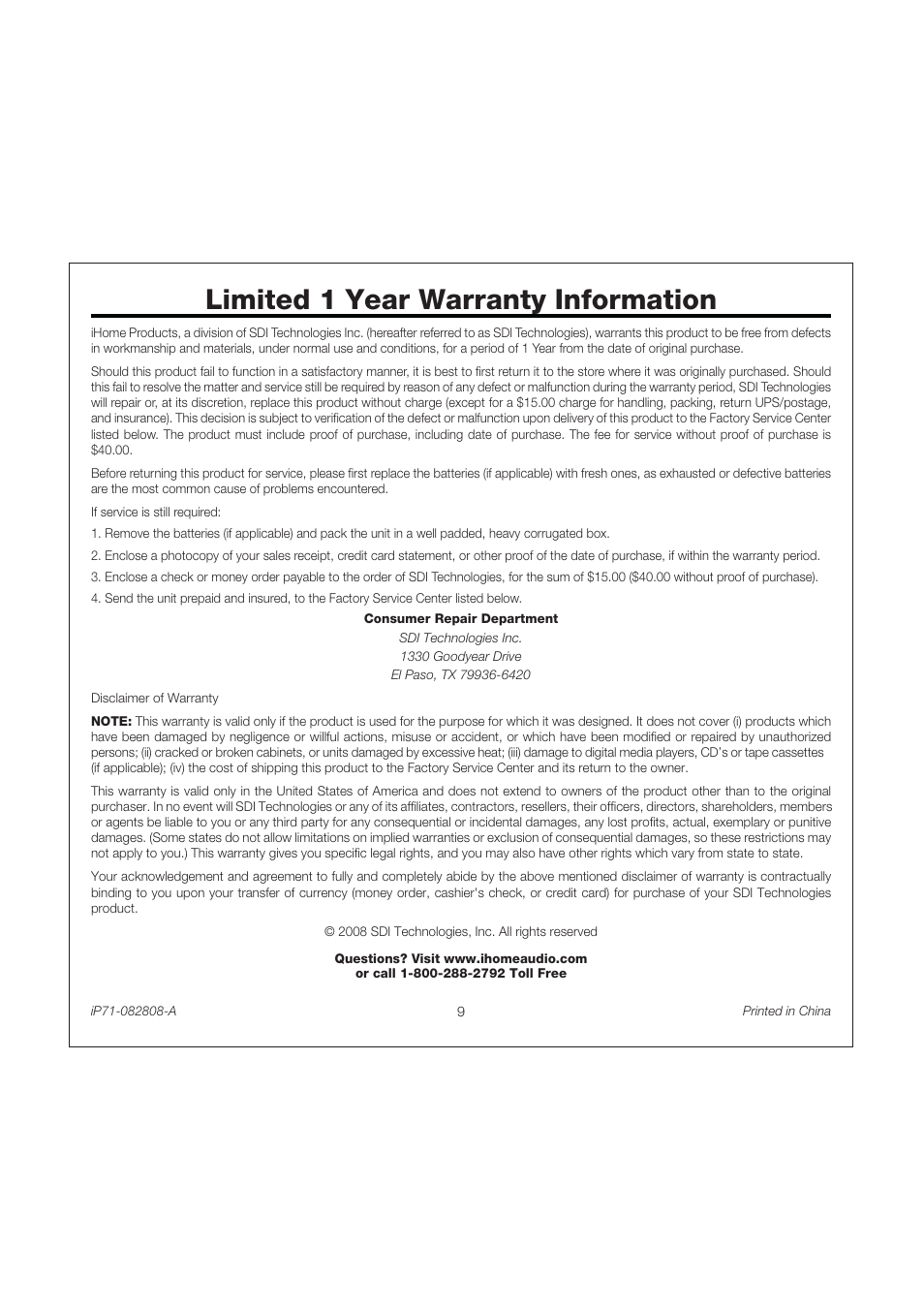 Limited 1 year warranty information | iHome iP71 User Manual | Page 12 / 12