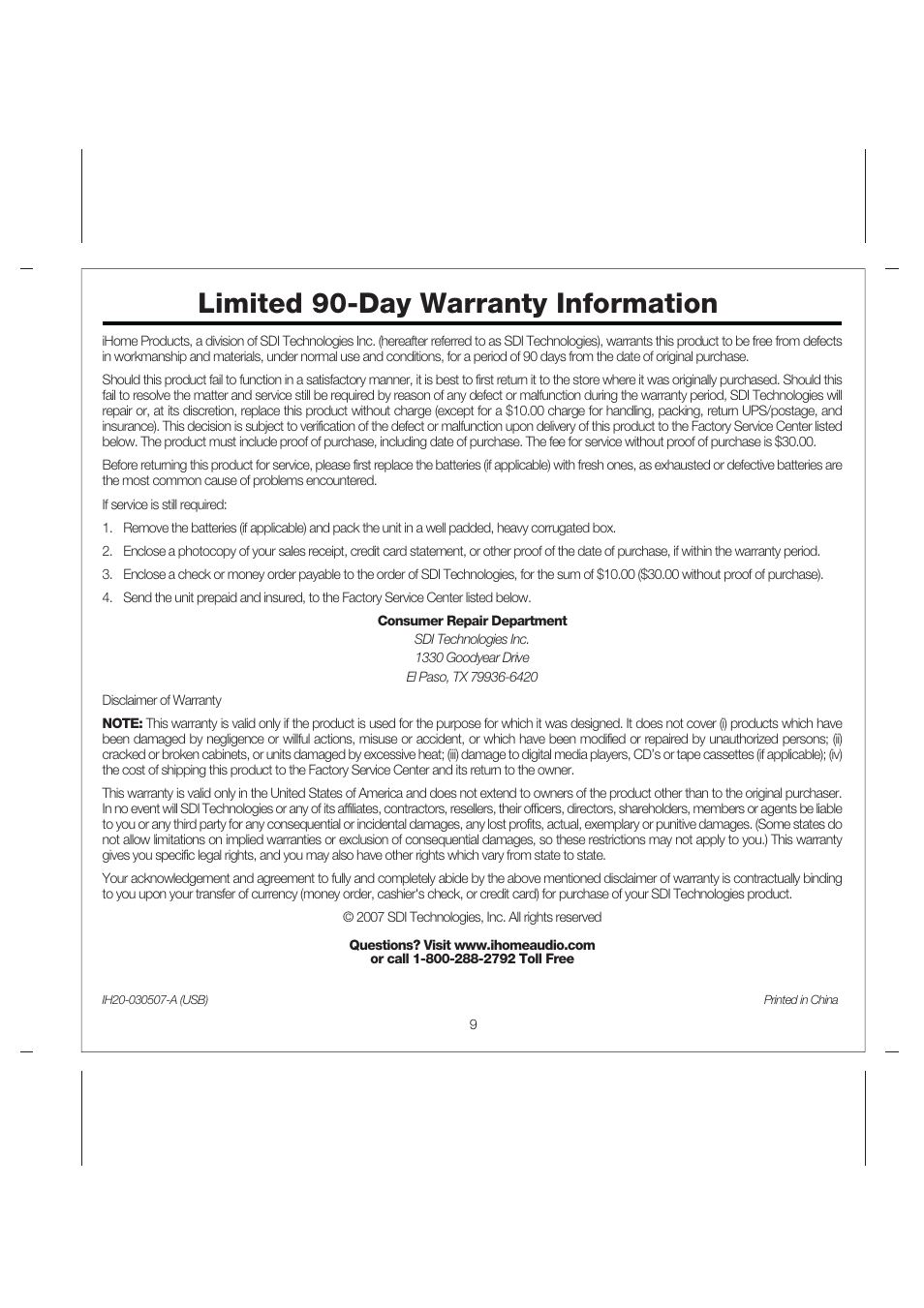 Limited 90-day warranty information | iHome Hidro-Fi iH2O User Manual | Page 11 / 11