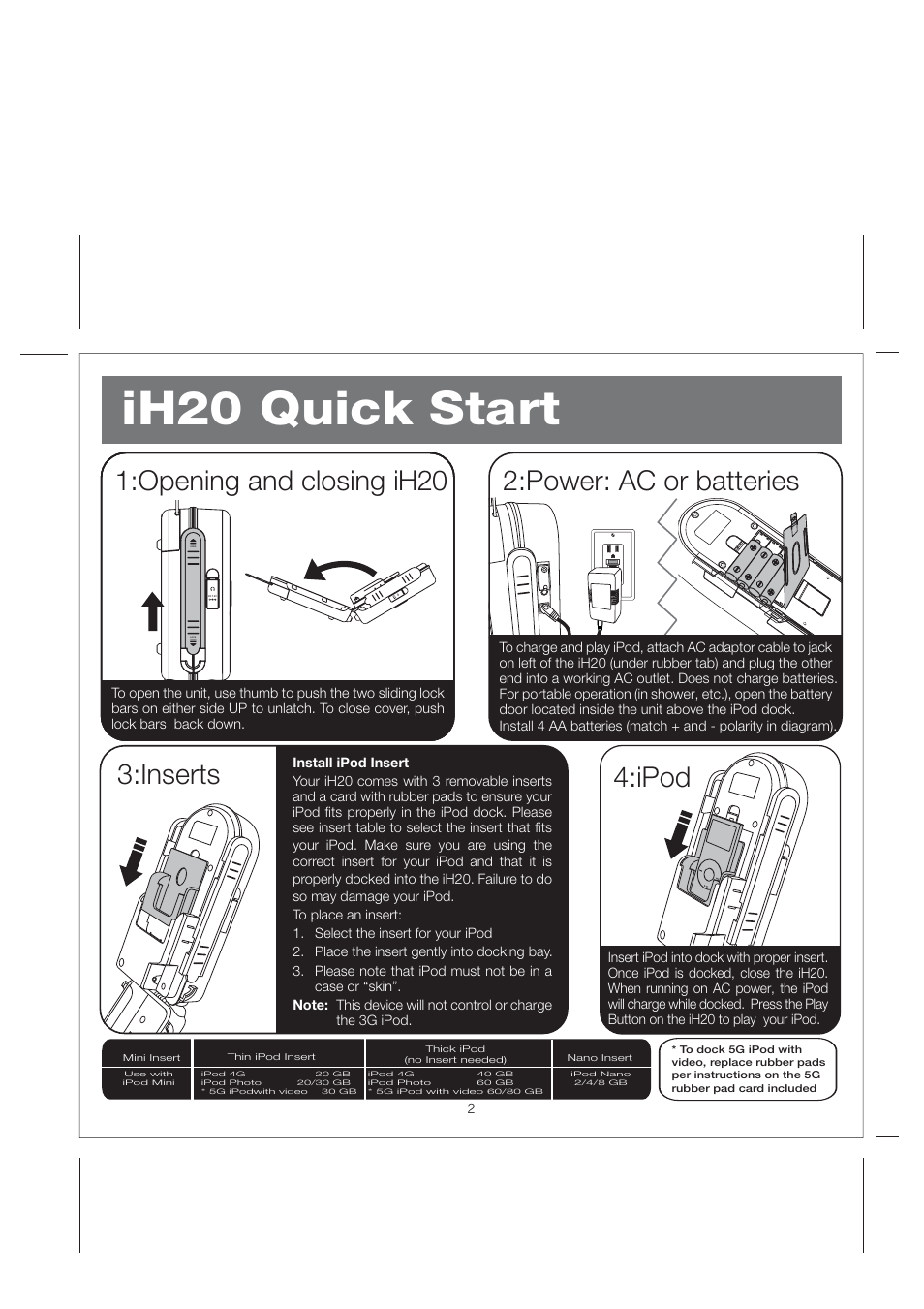 Ih20 quick start, Opening and closing ih20, Power: ac or batteries | Inserts 4:ipod | iHome Hidro-Fi iH2O User Manual | Page 4 / 11