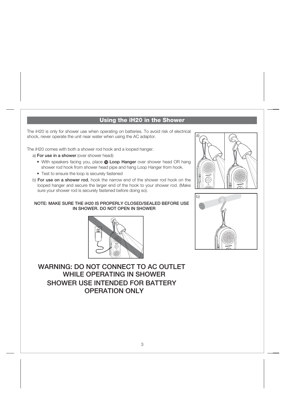 Using the ih20 in the shower | iHome Hidro-Fi iH2O User Manual | Page 5 / 11