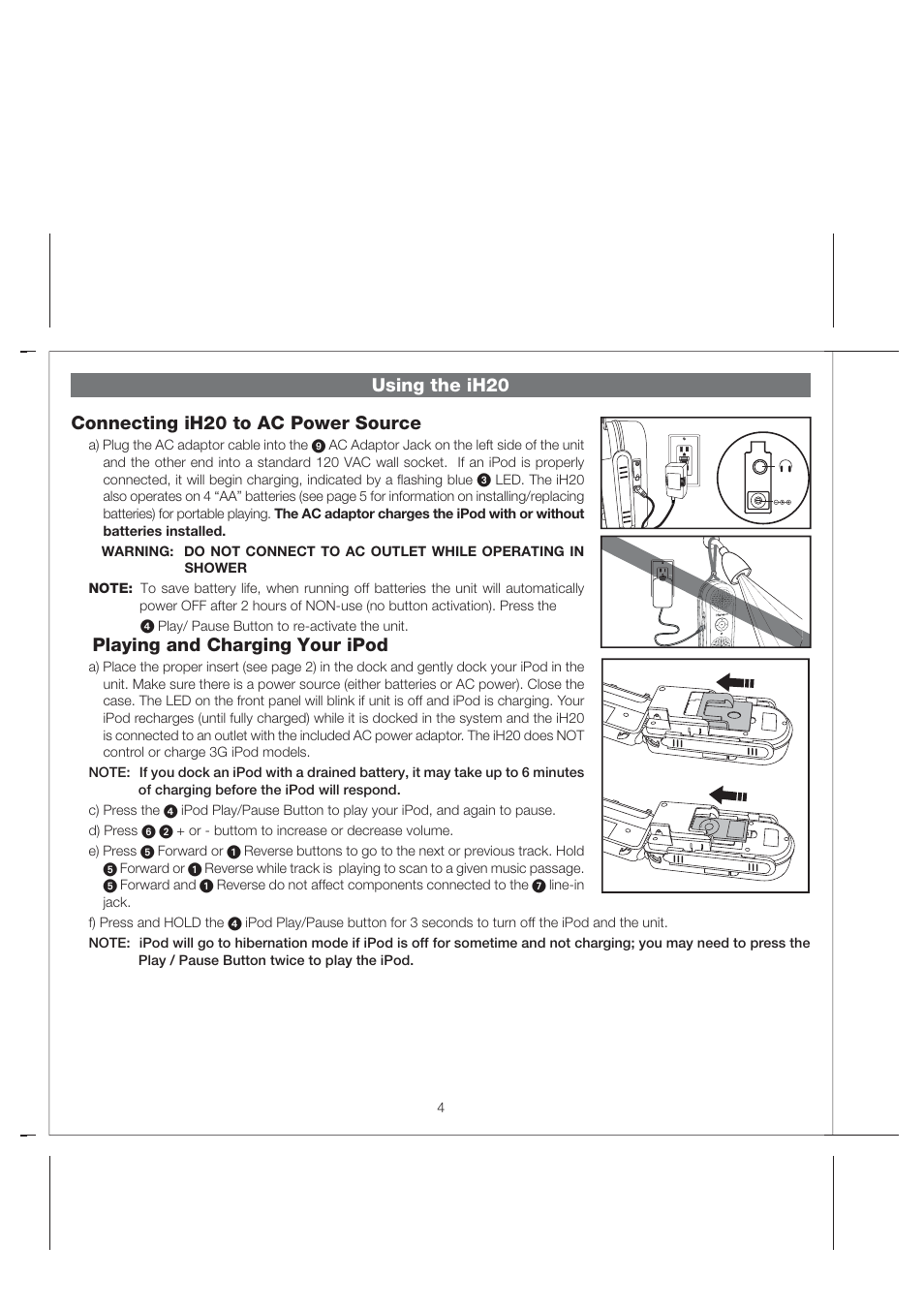 Using the ih20 connecting ih20 to ac power source, Playing and charging your ipod | iHome Hidro-Fi iH2O User Manual | Page 6 / 11