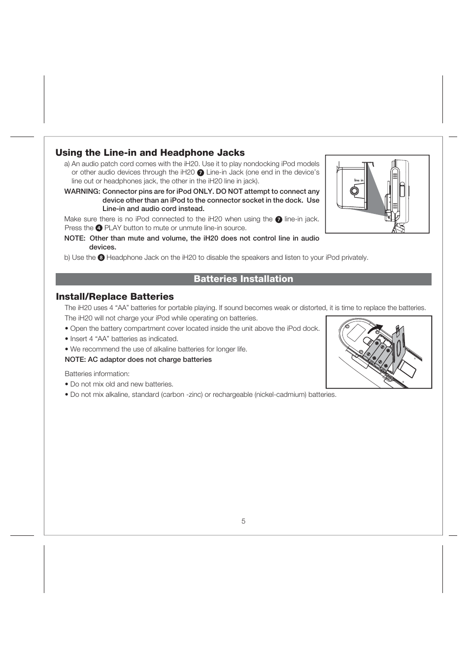 Batteries installation install/replace batteries, Using the line-in and headphone jacks | iHome Hidro-Fi iH2O User Manual | Page 7 / 11