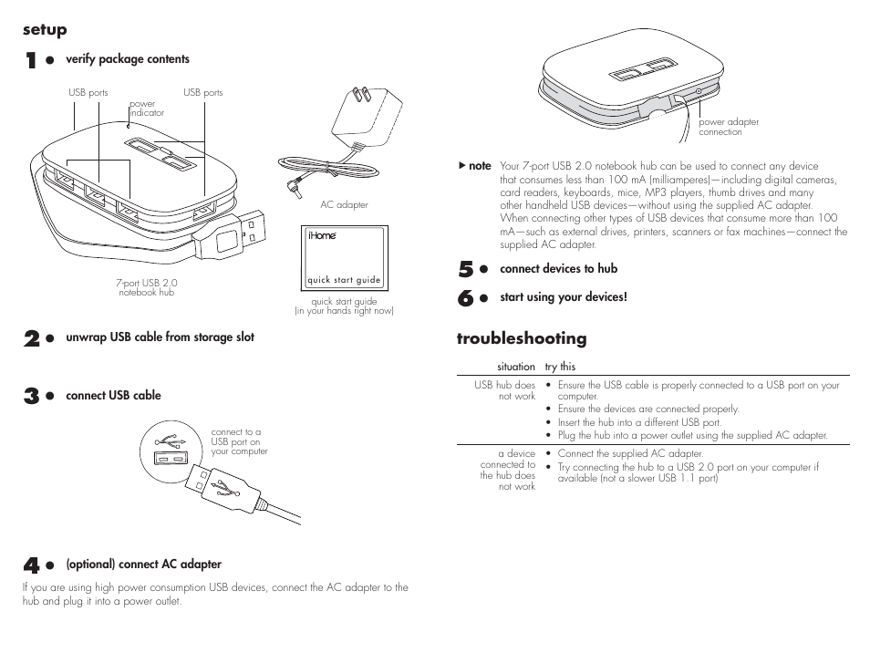 Setup, Troubleshooting | iHome IH-U560SB User Manual | Page 2 / 2