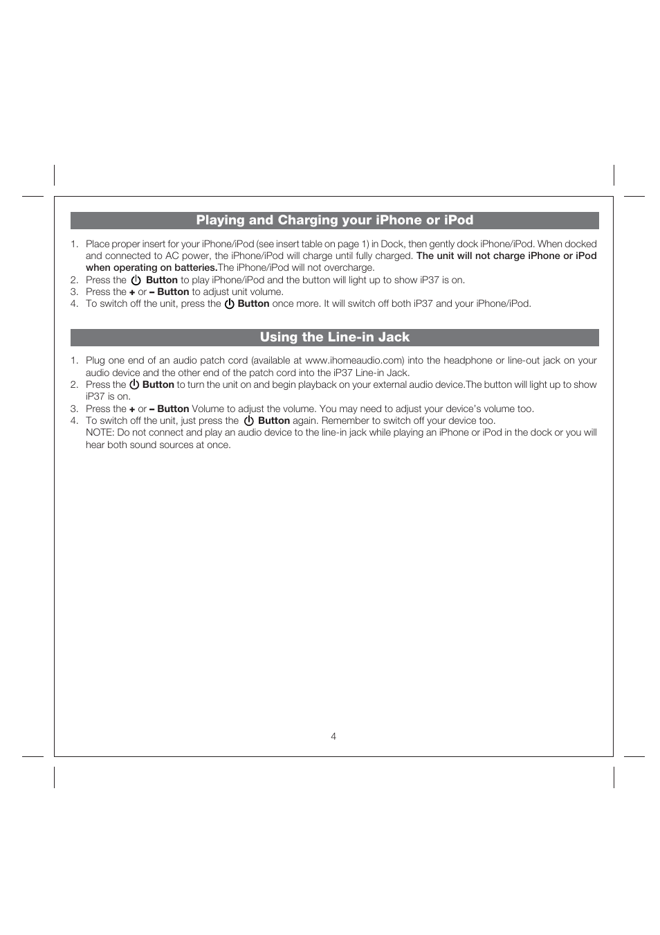 Playing and charging your iphone or ipod, Using the line-in jack | iHome iP37 User Manual | Page 7 / 11