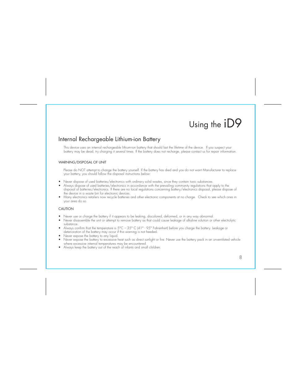 Using the, Internal rechargeable lithium-ion battery | iHome ID9 User Manual | Page 12 / 16
