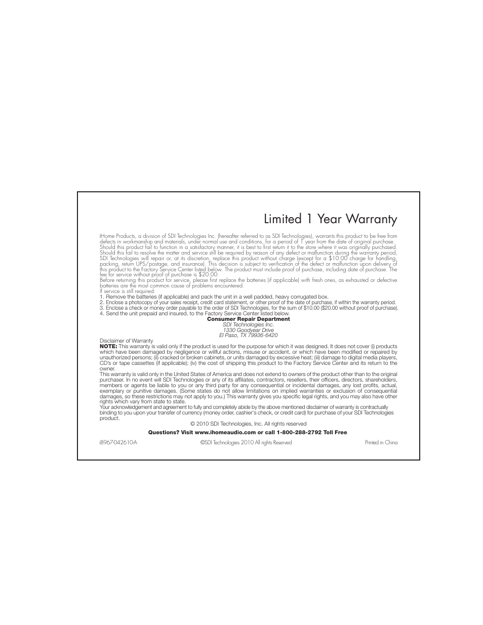 Limited 1 year warranty | iHome IB967 User Manual | Page 15 / 15