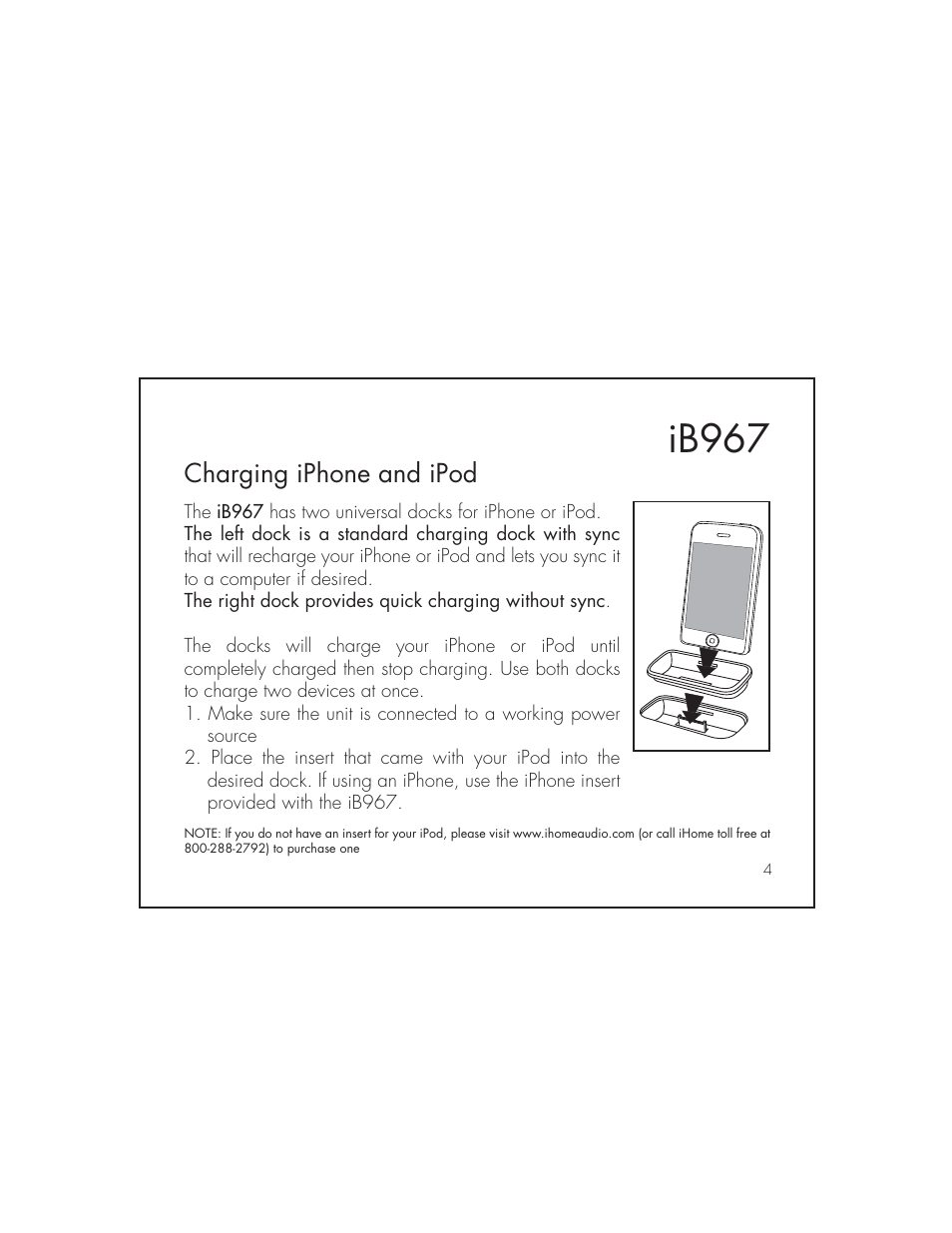 Ib967, Charging iphone and ipod | iHome IB967 User Manual | Page 8 / 15