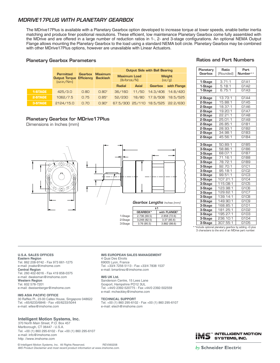 Mdrive17plus with planetary gearbox, Planetary gearbox for mdrive17plus, Planetary gearbox parameters | Ratios and part numbers, Dimensions in inches (mm), Intelligent motion systems, inc | Intelligent Motion Systems MDM17Plus User Manual | Page 6 / 6