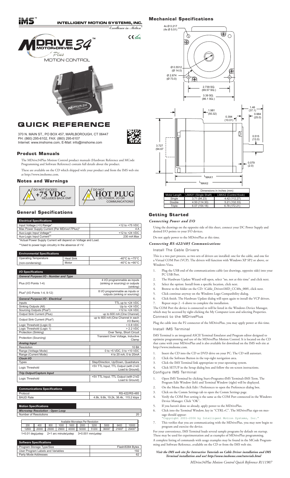 Intelligent Motion Systems MDrive34Plus User Manual | 2 pages