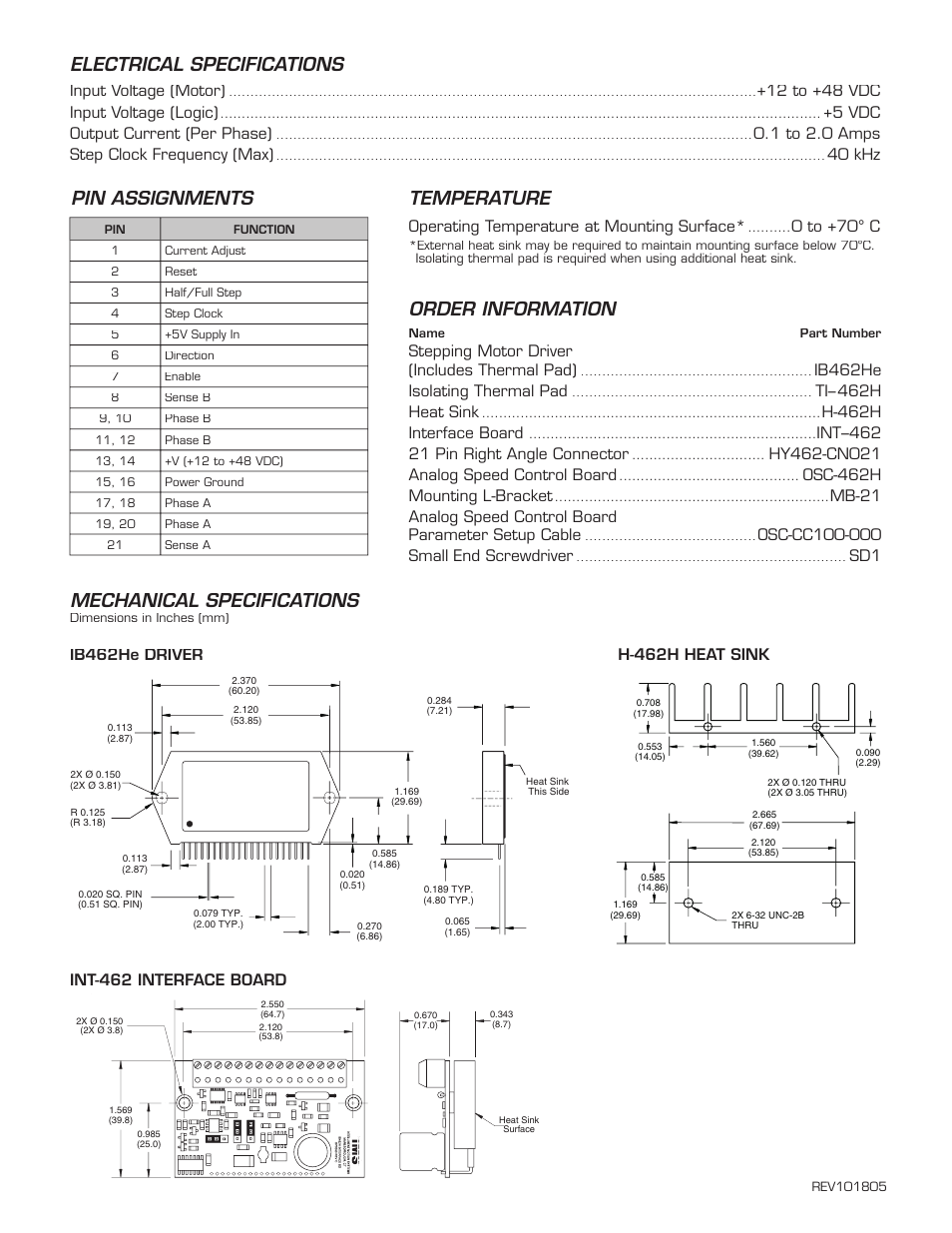 Pin assignments mechanical specifications, Temperature, Order information | Electrical specifications, Operating temperature at mounting surface, 0 to +70° c, Stepping motor driver (includes thermal pad), Ib462he isolating ther mal pad, Ti–462h heat sink, H-462h interface board | Intelligent Motion Systems IB462He User Manual | Page 2 / 2
