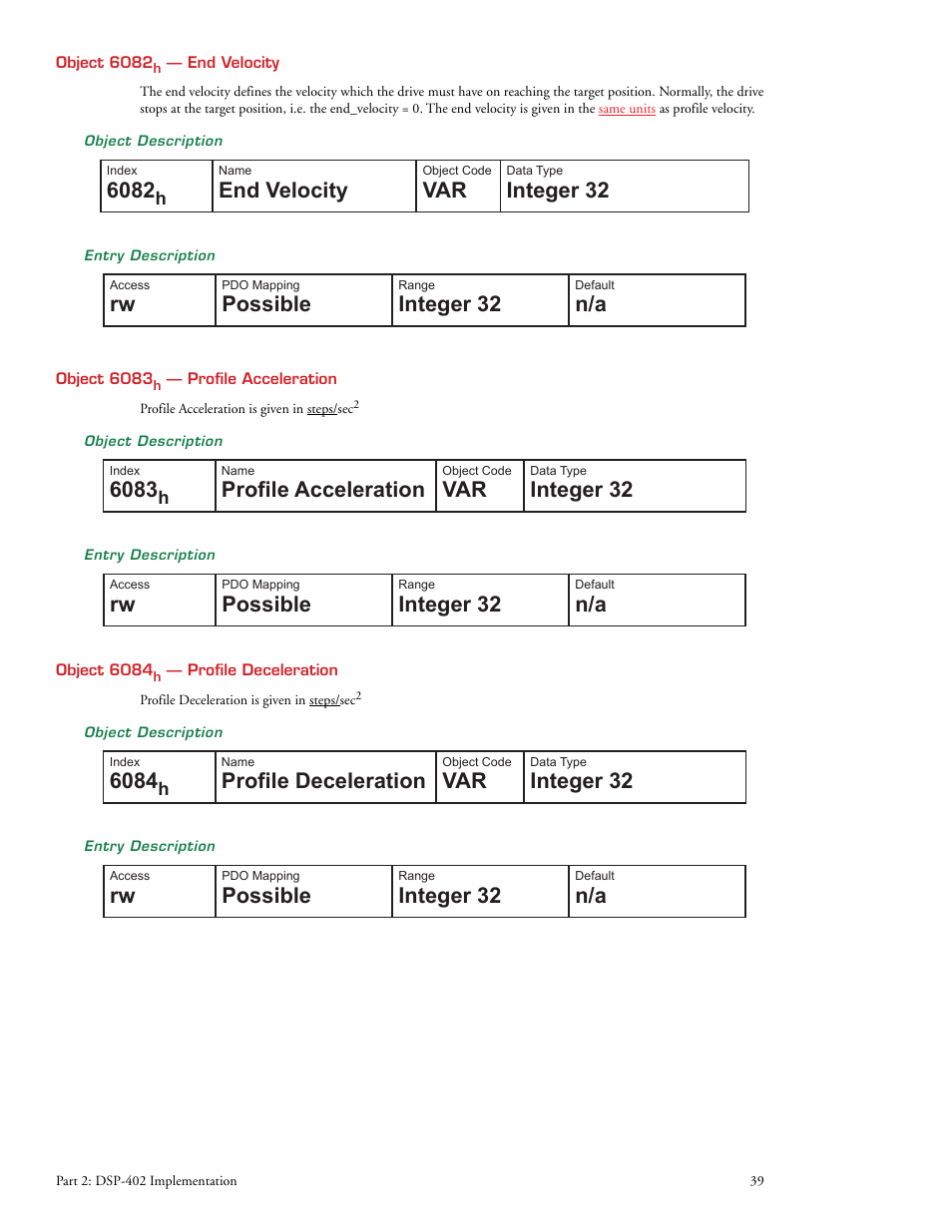 End velocity, Integer 32, Possible | Profile acceleration, Profile deceleration | Intelligent Motion Systems MDrive DSP-402 User Manual | Page 47 / 64