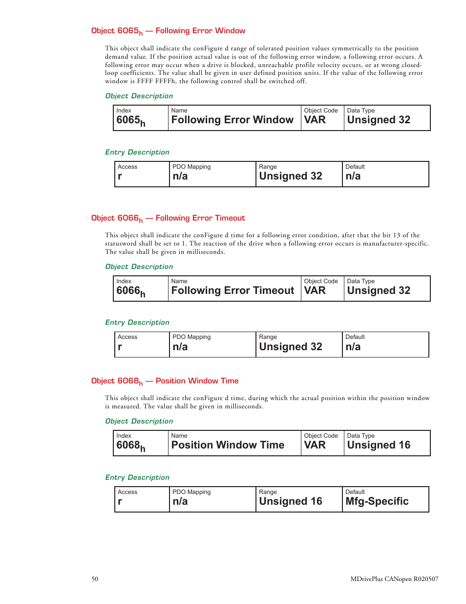 Following error window, Unsigned 32, Following error timeout | Position window time, Unsigned 16, Mfg-specific | Intelligent Motion Systems MDrive DSP-402 User Manual | Page 58 / 64