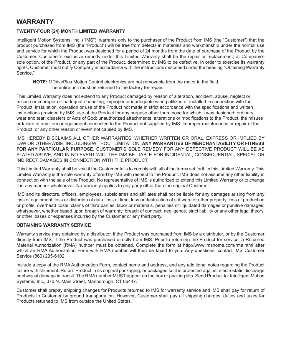 Warranty | Intelligent Motion Systems MDrive DSP-402 User Manual | Page 63 / 64