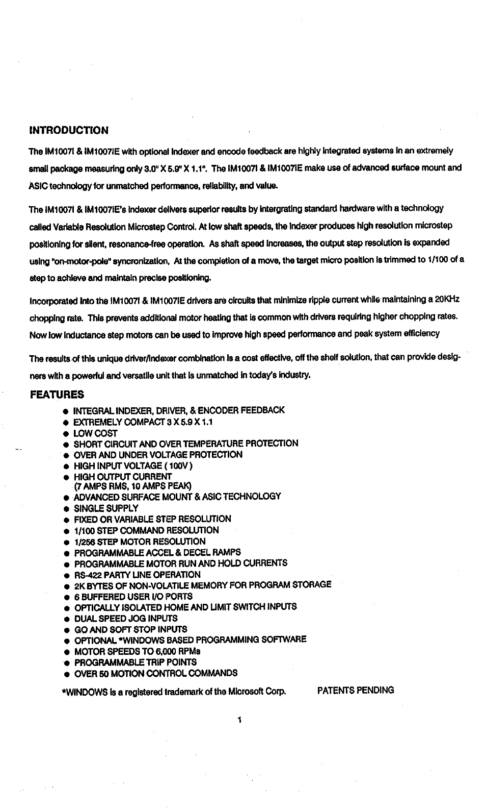 Introduction, Features | Intelligent Motion Systems IM1007 I/IE User Manual | Page 6 / 32