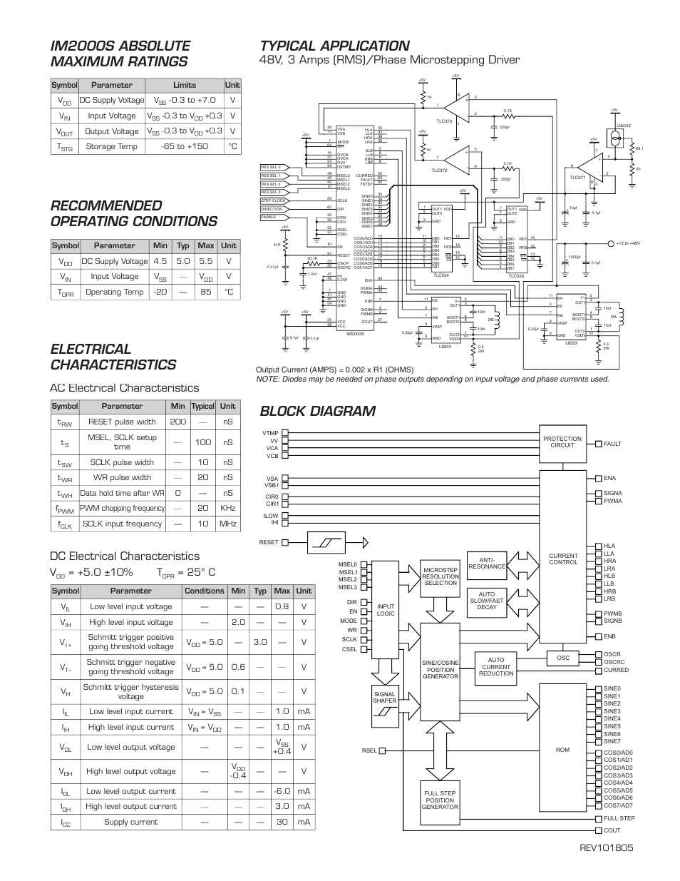 Typical application, Block diagram, 48v, 3 amps (rms)/phase microstepping driver | Ac electrical characteristics, Dc electrical characteristics, 0 ±10% t, 25° c | Intelligent Motion Systems IM2000S User Manual | Page 3 / 3