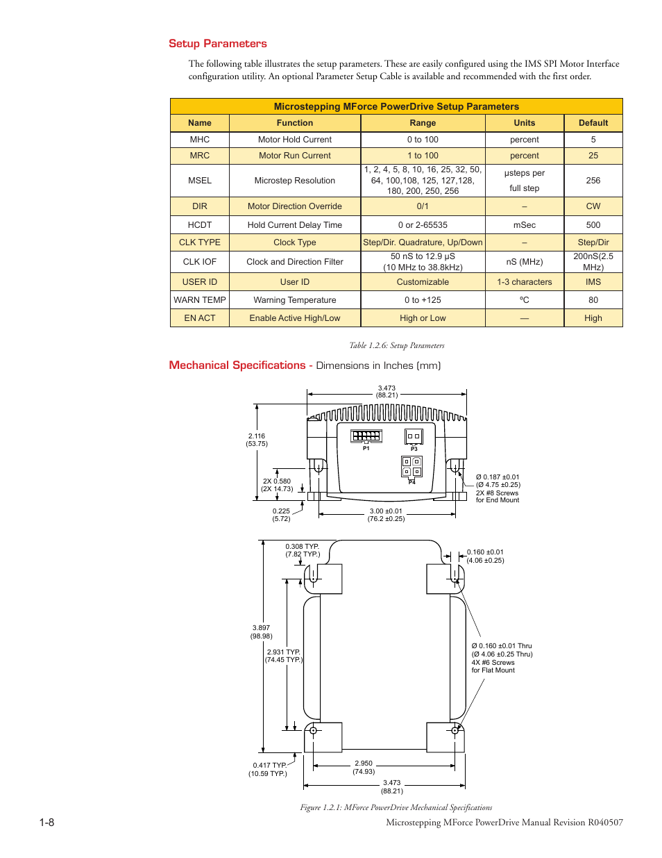 Mechanical specifications, Setup parameters | Intelligent Motion Systems MForce PowerDrive Plus MForce Series Microstepping PowerDrive User Manual | Page 14 / 68