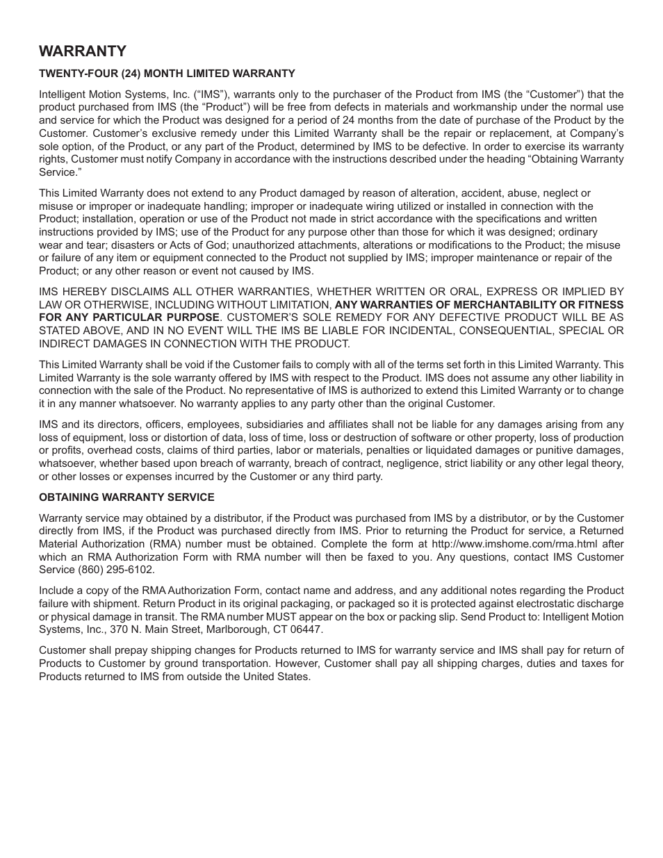 Warranty | Intelligent Motion Systems MForce PowerDrive Plus MForce Series Microstepping PowerDrive User Manual | Page 67 / 68