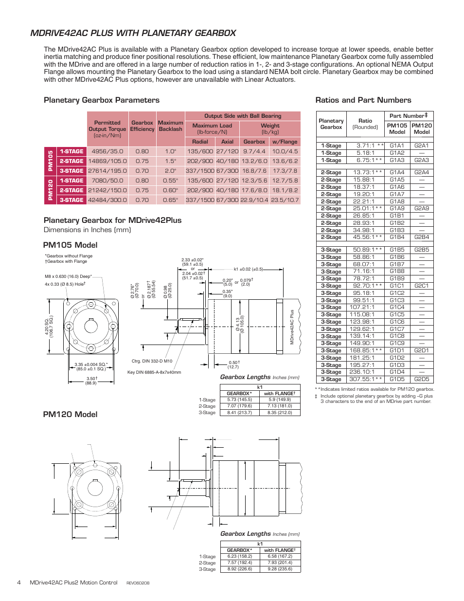 Mdrive42ac plus with planetary gearbox, Planetary gearbox for mdrive42plus, Ratios and part numbers | Planetary gearbox parameters, Dimensions in inches (mm) | Intelligent Motion Systems MDI42 AC User Manual | Page 4 / 5