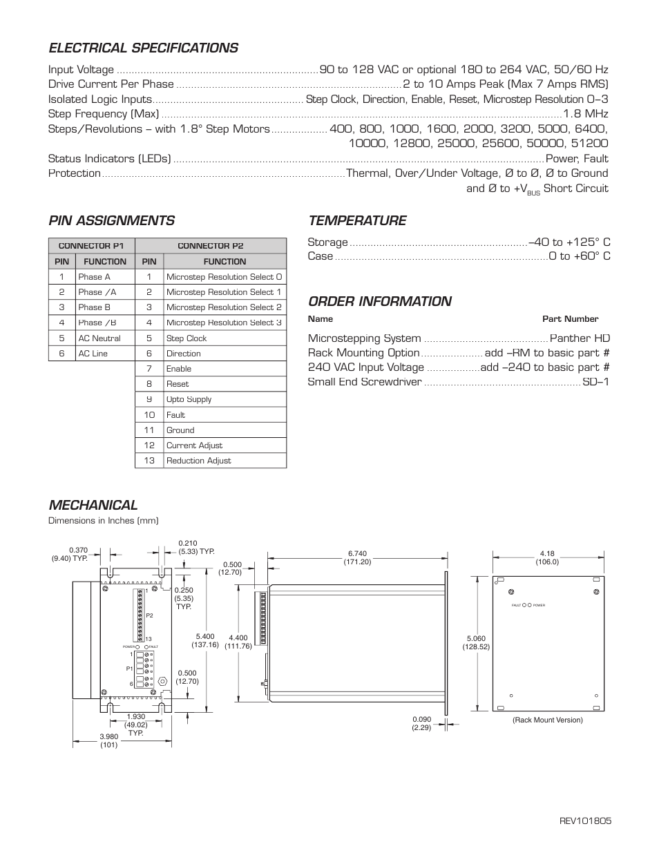 Electrical specifications, Pin assignments, Temperature | Order information, Mechanical | Intelligent Motion Systems Panther HD Integral Driver and Power Supply User Manual | Page 2 / 2